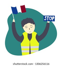Vector illustration demonstrator wearing a yellow vest and holding a banner. A concept about the protest in France 2019.