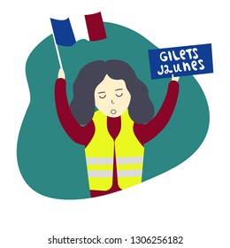 Vector illustration demonstrator wearing a yellow vest and holding a banner. A concept about the protest in France 2019.
