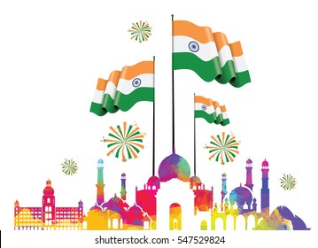 vector illustration .den the Republic of India on January 26 .67 years later, in 1950. graphic design for a holiday greeting card decoration flyers, brochures, posters. panorama of the city with flag