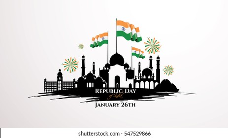 vector illustration .den the Republic of India on January 26 .67 years later, in 1950. graphic design for a holiday greeting card decoration, flyers, brochures,posters. panorama of the city with flag