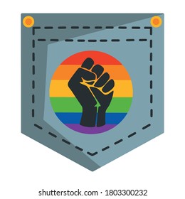 Vector illustration with a denim pocket. Round LGBT icon with a black fist in the middle.