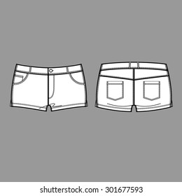 Vector illustration of denim shorts. Front and back views