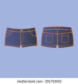 Vector illustration of denim shorts. Front and back views