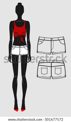 Vector illustration of denim shorts on figure. Front and back views