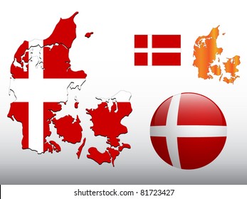 Vector illustration of Denmark map and glossy ball with flag pattern