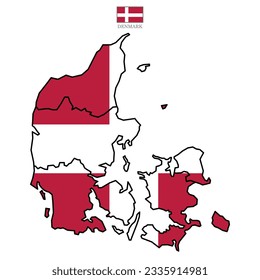 Vector illustration of Denmark map overlaid with the national flag, highlighting the country's geographic outline combined with its national colors.