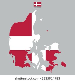 Vector illustration of Denmark map overlaid with the national flag, highlighting the country's geographic outline combined with its national colors.