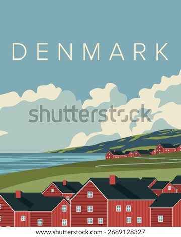 Vector illustration. Denmark, poster, banner, postcard, cover. Tourism. City with red houses.