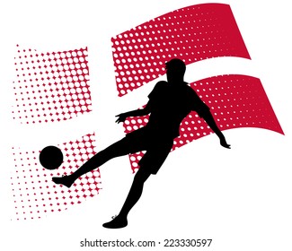 vector illustration of denmark soccer player silhouette against national flag isolated on white