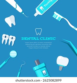 Vector illustration of dental care items including toothbrush, toothpaste, dental mirror, implant, and scaler on blue background. Perfect for dental clinic, oral hygiene, and health promotion design