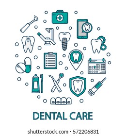 Vector illustration of dental care in a linear style. Dental clinics background for web site. Orthodontics, implants. Dental icons.