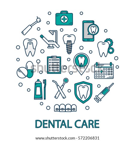 Vector illustration of dental care in a linear style. Dental clinics background for web site. Orthodontics, implants. Dental icons.