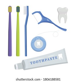 Vector illustration of dental cleaning tools: toothbrush, dental floss, dental floss.