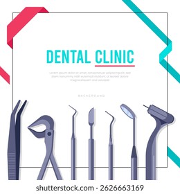 Vector illustration of dental clinic banner with various professional dental tools surrounding a clean layout. Ideal for healthcare flyers, dental promotions, and oral hygiene awareness designs