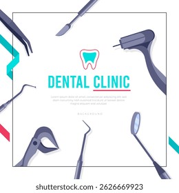 Vector illustration of dental clinic banner with various professional dental tools surrounding a clean layout. Ideal for healthcare flyers, dental promotions, and oral hygiene awareness designs