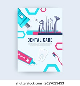 Vector illustration of dental clinic banner with various professional dental tools surrounding a clean layout. Ideal for healthcare flyers, dental promotions, and oral hygiene awareness designs