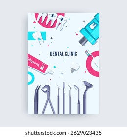 Vector illustration of dental clinic banner with various professional dental tools surrounding a clean layout. Ideal for healthcare flyers, dental promotions, and oral hygiene awareness designs