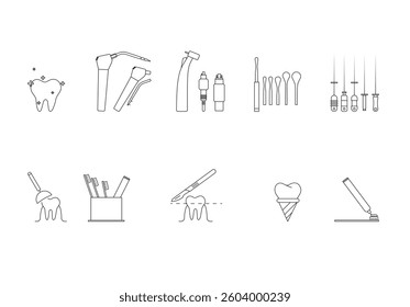 Vector illustration, dental equipment and tools, dentist-related icons.