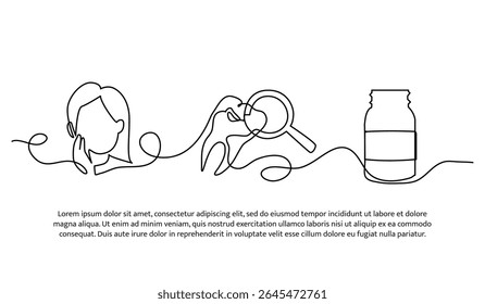Ilustração vetorial do exame dentário em pacientes do sexo feminino e medicação dada. Plano moderno em estilo de linha contínua.