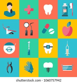 Vector Illustration. Dental Flat Icons Set on colorful background. Vector Illustration for Dentistry and Orthodontics. 