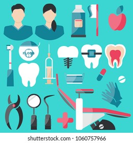 Vector Illustration. Dental Flat Icons Set on green background. Man, woman, tooth brash, toothpaste, floss, apple, pills, medical gloves, teeth, dentist chair, dressing