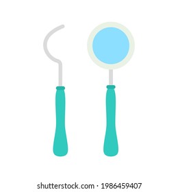 vector illustration of dental instruments isolated on white background, set with cartoon periodontal scaler and dental mirror