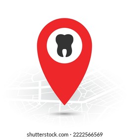 Vector illustration of Dental location. Simple icon in red color on White background.