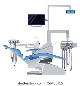 Vector illustration of dental patient chair and dental equipment isolated on white background. Flat style design.