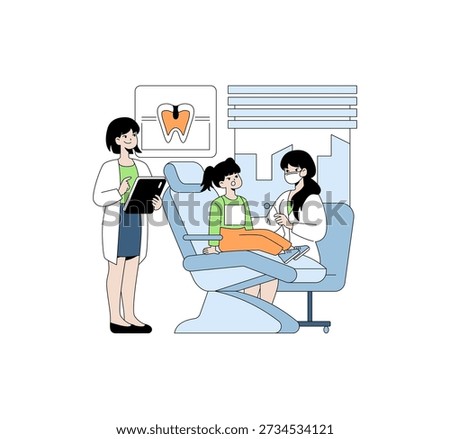 Vector illustration of a dental visit where a child is seated in a dentist chair. Two dental hygienists discuss treatment, showing a collaborative approach to oral care.