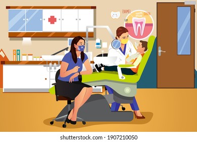 A vector illustration of Dentist Checking on a Kid Wearing Mask 