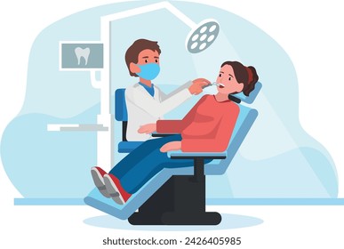 Ilustración vectorial de un odontólogo que realiza examen oral a un paciente en una clínica dental contemporánea. Chequeo Dental Completo. Salud bucal, conceptos de odontología.