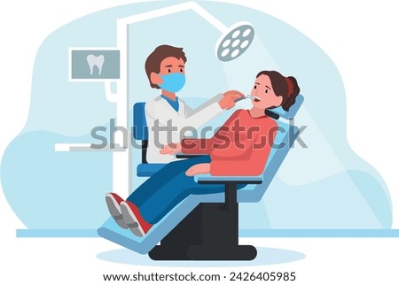 Vector Illustration of a Dentist Conducting Oral Examination on Patient in Contemporary Dental Clinic. Comprehensive Dental Check-Up. Oral health, dentistry concepts.