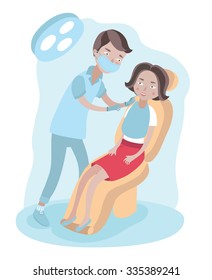 Vector illustration of the dentist examines the teeth of a woman sitting in a dental chair