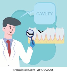 vector illustration of a dentist examining a cavity with a magnifying glass