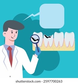 vector illustration of a dentist examining a cavity with a magnifying glass