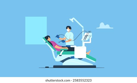 Vector illustration of dentist examining patient with medical equipment at dental clinic. Oral care, dentist and procedures with patients for health, wellness and dental hygiene concept.