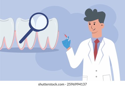 Vector illustration of a dentist examining a patient's teeth with a magnifying glass and preparing to inject him