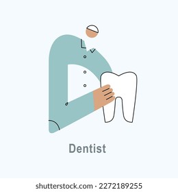 Vector illustration with Dentist in flat style. Profession ABC series. Alphabet. Letter D