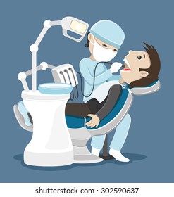 Vector illustration. Dentist treats teeth.