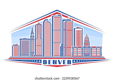Vector illustration of Denver, horizontal badge with simple linear design famous denver city scape on day sky background, red urban line art concept with decorative unique letters for blue text denver