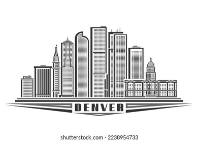 Vector illustration of Denver, monochrome horizontal poster with simple linear design famous denver city scape, urban line art concept with decorative letters for black text denver on white background