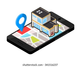 A vector illustration of a department shop locater.
Icon illustration of an Isometric Department store finder.
Wireless device with locater map app device.