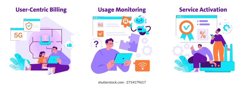 Ilustración vectorial que representa conceptos de tecnología 5G con facturación centrada en el usuario, monitoreo de uso y activación de servicios. Las Personas comprometidas con dispositivos digitales destacan las aplicaciones modernas de 5G.
