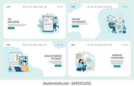 Vector illustration depicting actions in project management including trying new moves, following sequences, analyzing efficiency, and improvising routines. Features people engaging with digital
