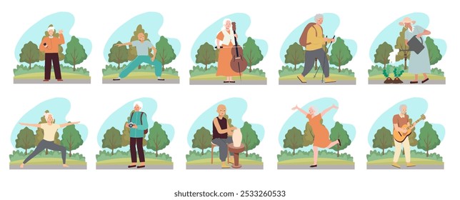 A Vector illustration depicting active senior citizens engaging in diverse outdoor activities such as yoga, gardening, playing music, and walking against a verdant park backdrop.