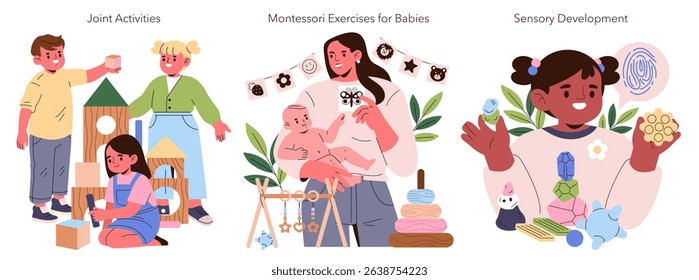 Vector illustration depicting activities enhancing children's development. Includes group play with blocks, sensory activities, and a mother engaging a baby in Montessori exercises.