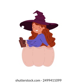 Vector illustration depicting an adorable little witch girl with red hair sitting on a large pumpkin. This character wearing a wizard hat is perfect for Halloween design.