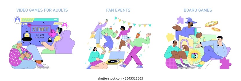 Vector illustration depicting adults engaging in video games, board games, and fan events. Expressions of joy and excitement emphasize social interaction and entertainment.