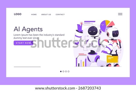 Vector illustration depicting AI agents in a modern interface with two robots interacting. The scene includes charts and data elements, representing technology and artificial intelligence concepts.