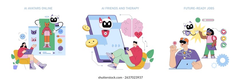 Vector illustration depicting AI avatars selection, AI therapy via smartphone, and future-ready job interactions with AI. Displays diverse technology uses and emotions.